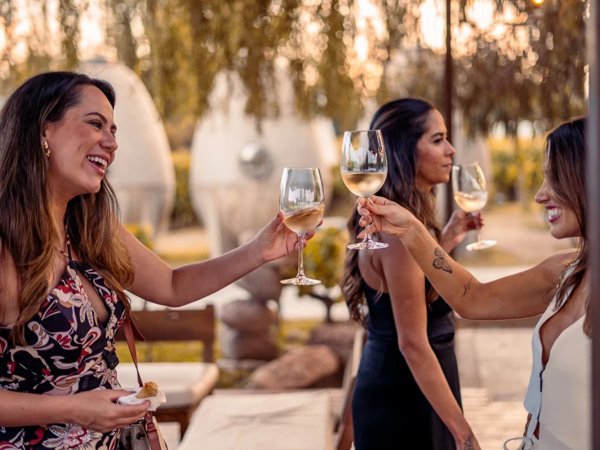 Mulher sorrindo brindando com uma taça de vinho branco ao ar livre